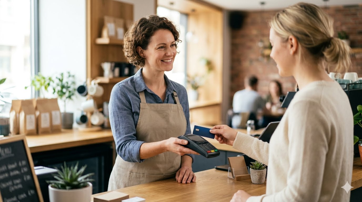 Small business owner accepting a card payment with a payment terminal